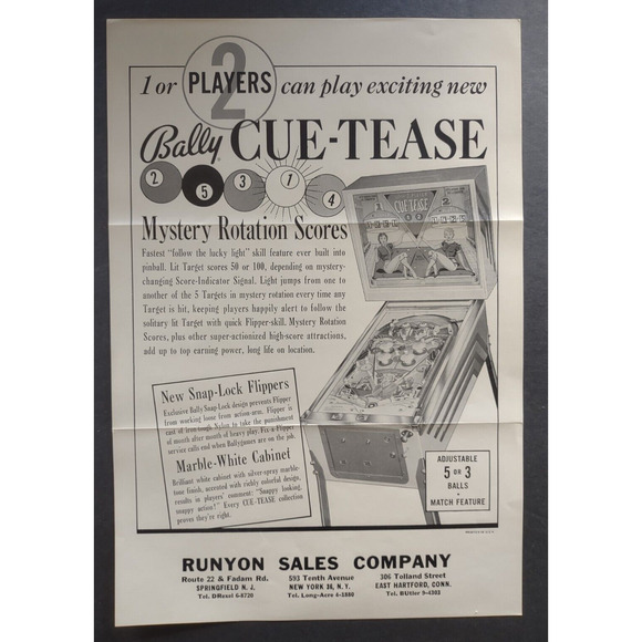 Cue-Tease Pinball Machine Flyer 1963 Original Game Art Pool Table Billiards - Picture 3 of 3